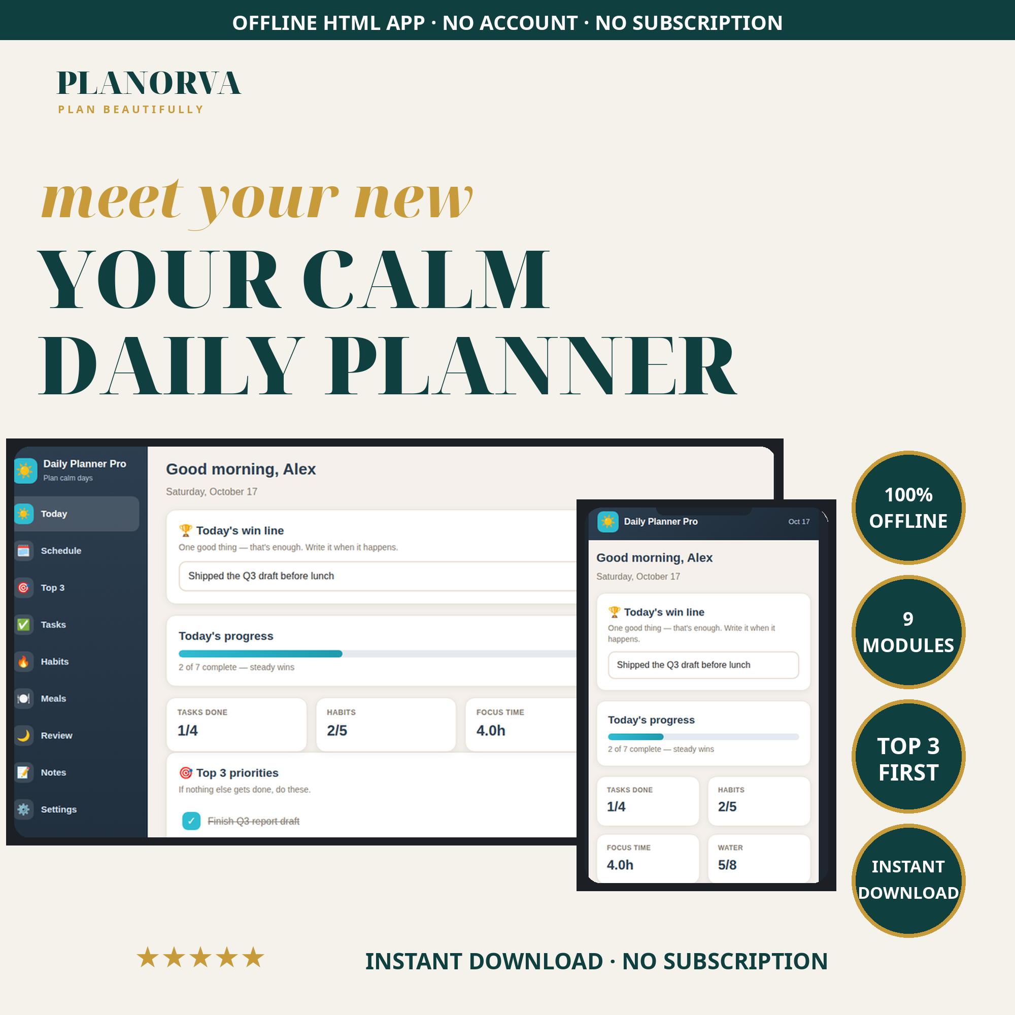 ADHD-Friendly Daily Planner — Top 3 Priorities, Gentle Time Blocking & Habits, Offline