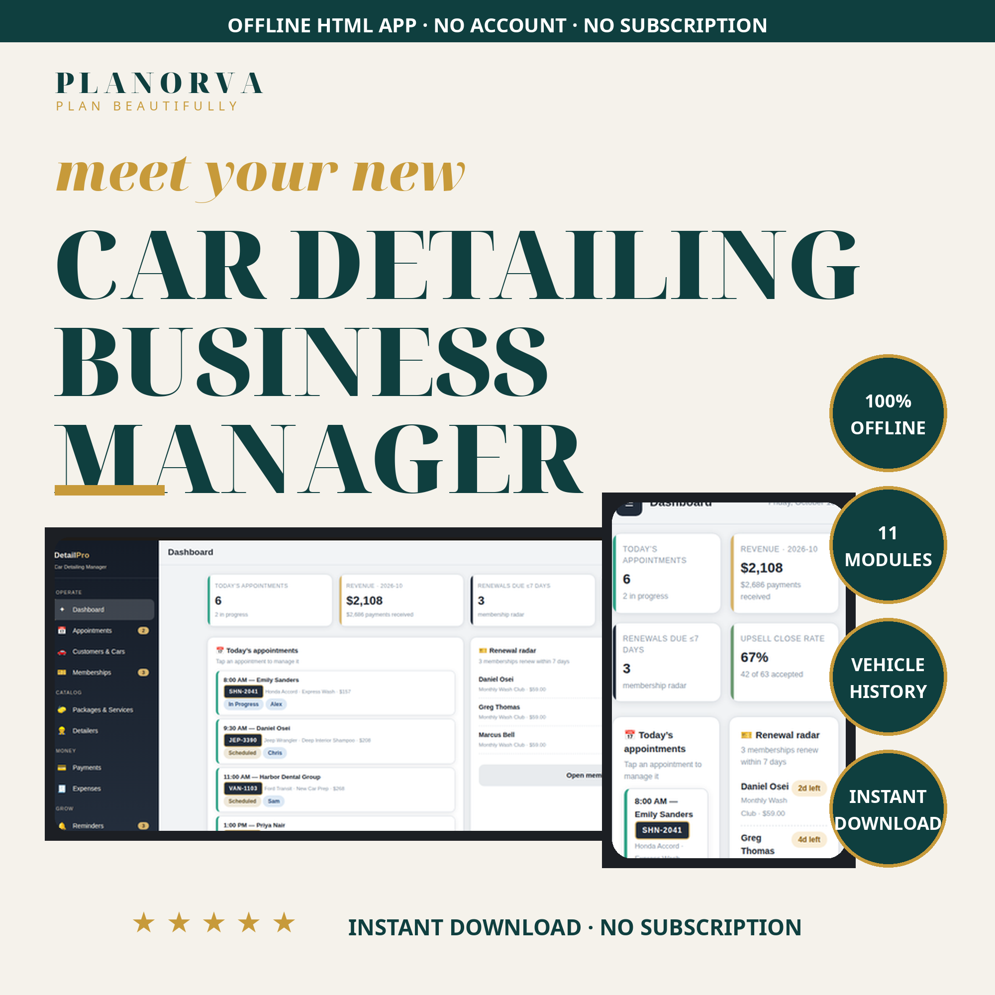 Car Detailing Business Manager — Bookings, Vehicle History & Memberships, Offline