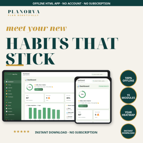 Habit Planner with Streaks & a Year Heatmap — Routines and 30-Day Challenges, Offline