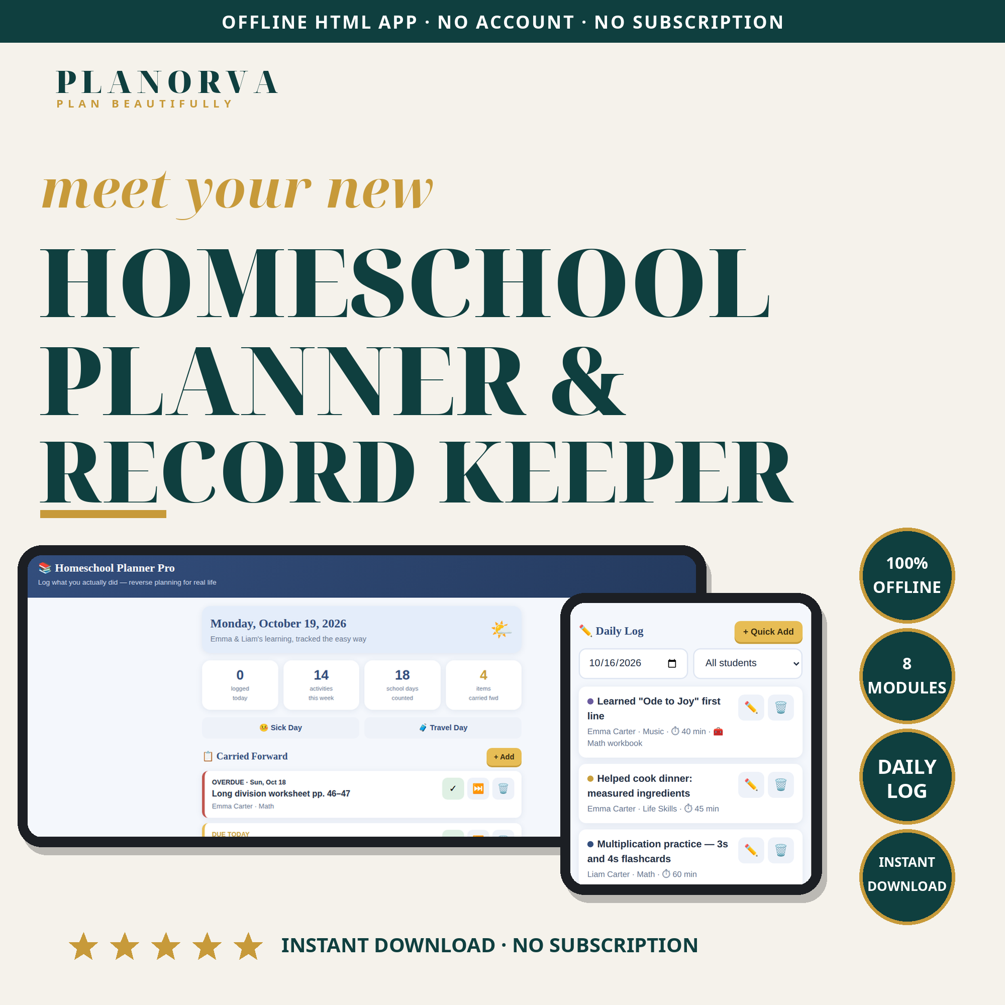 Homeschool Planner & Record Keeper: Daily Log, Attendance and Portfolio in One Offline File