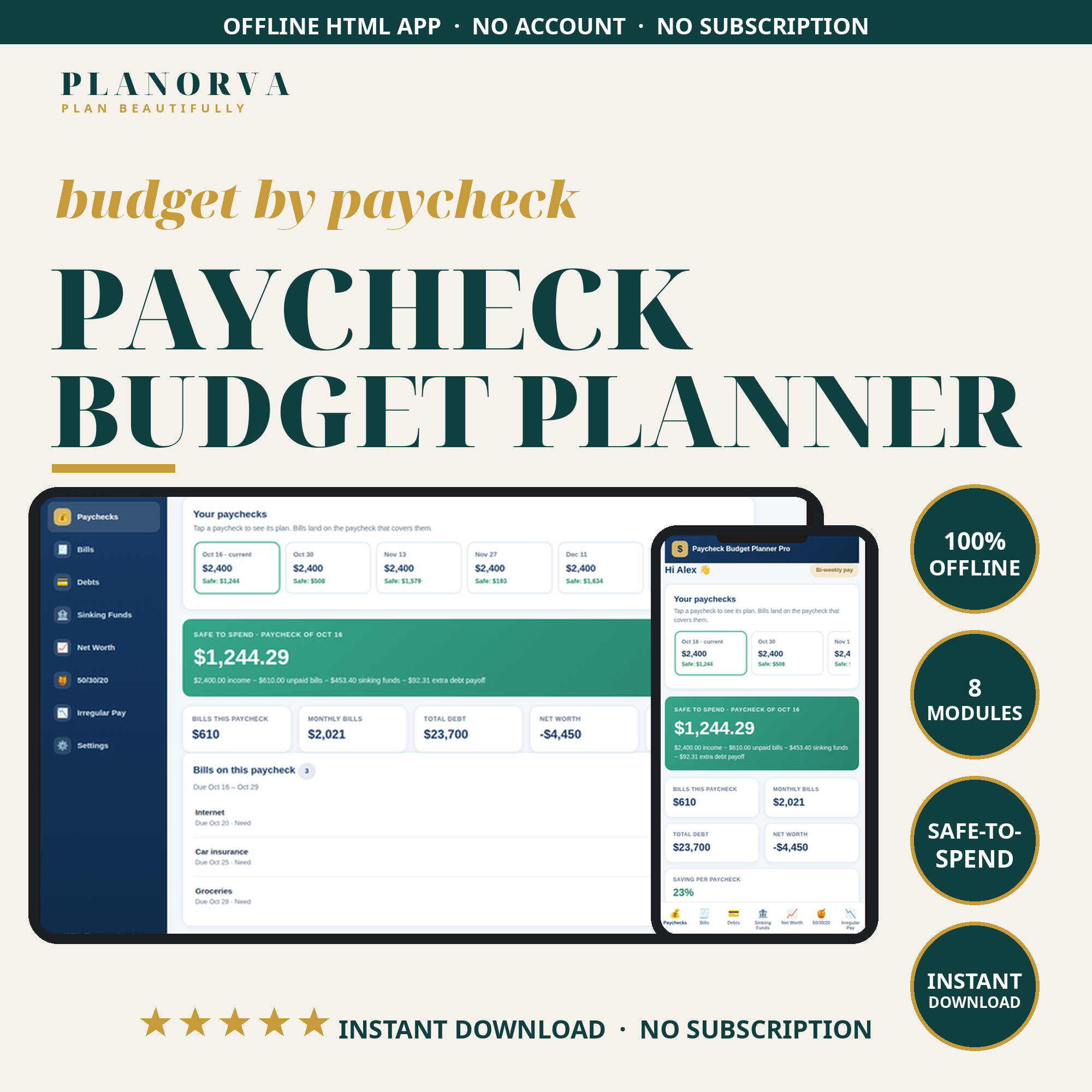 Paycheck Budget Planner — Bill Tracker, Debt Payoff Plan & Safe-to-Spend Number, Offline