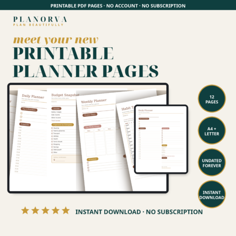 Printable Planner Pages — 12 Undated Essentials: Daily, Weekly, Budget & Habit Sheets