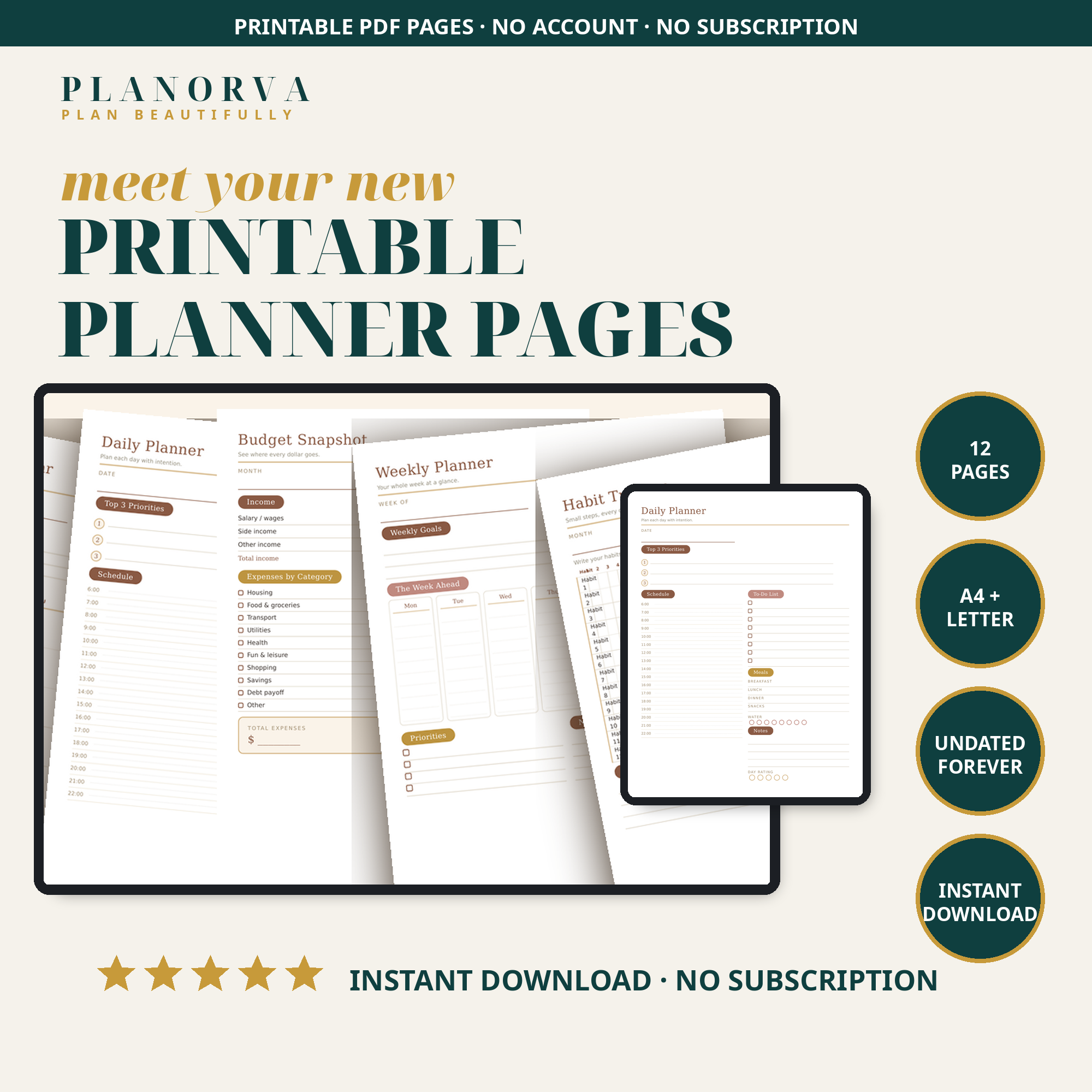 Printable Planner Pages — 12 Undated Essentials: Daily, Weekly, Budget & Habit Sheets