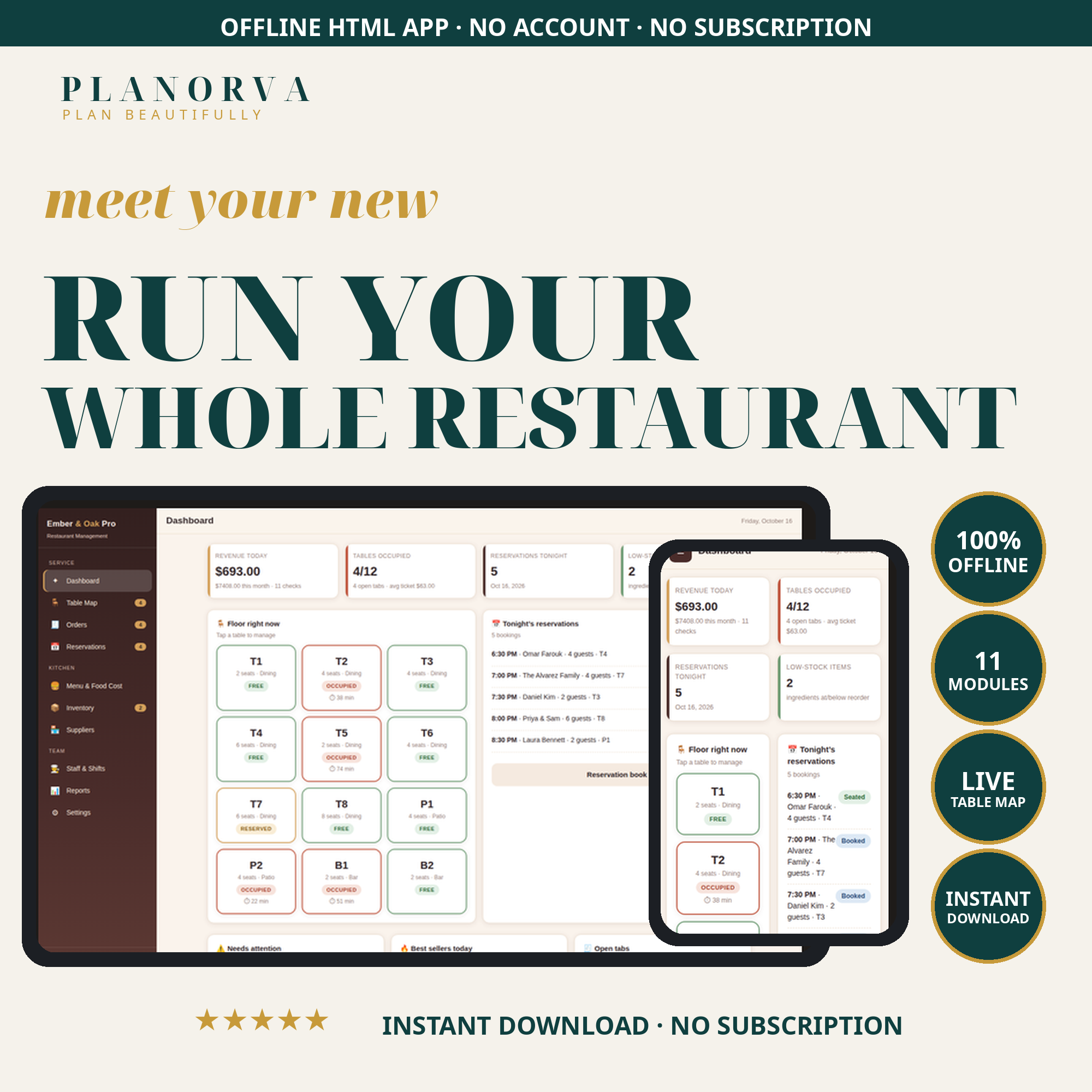 Restaurant Manager β Live Table Map, Tabs, Recipe Food Costs, Reservations and Staff Rota