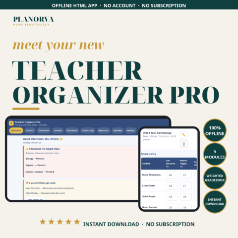 Teacher Planner & Organizer: Gradebook, Lesson Plans, Attendance and Parent Log in One File