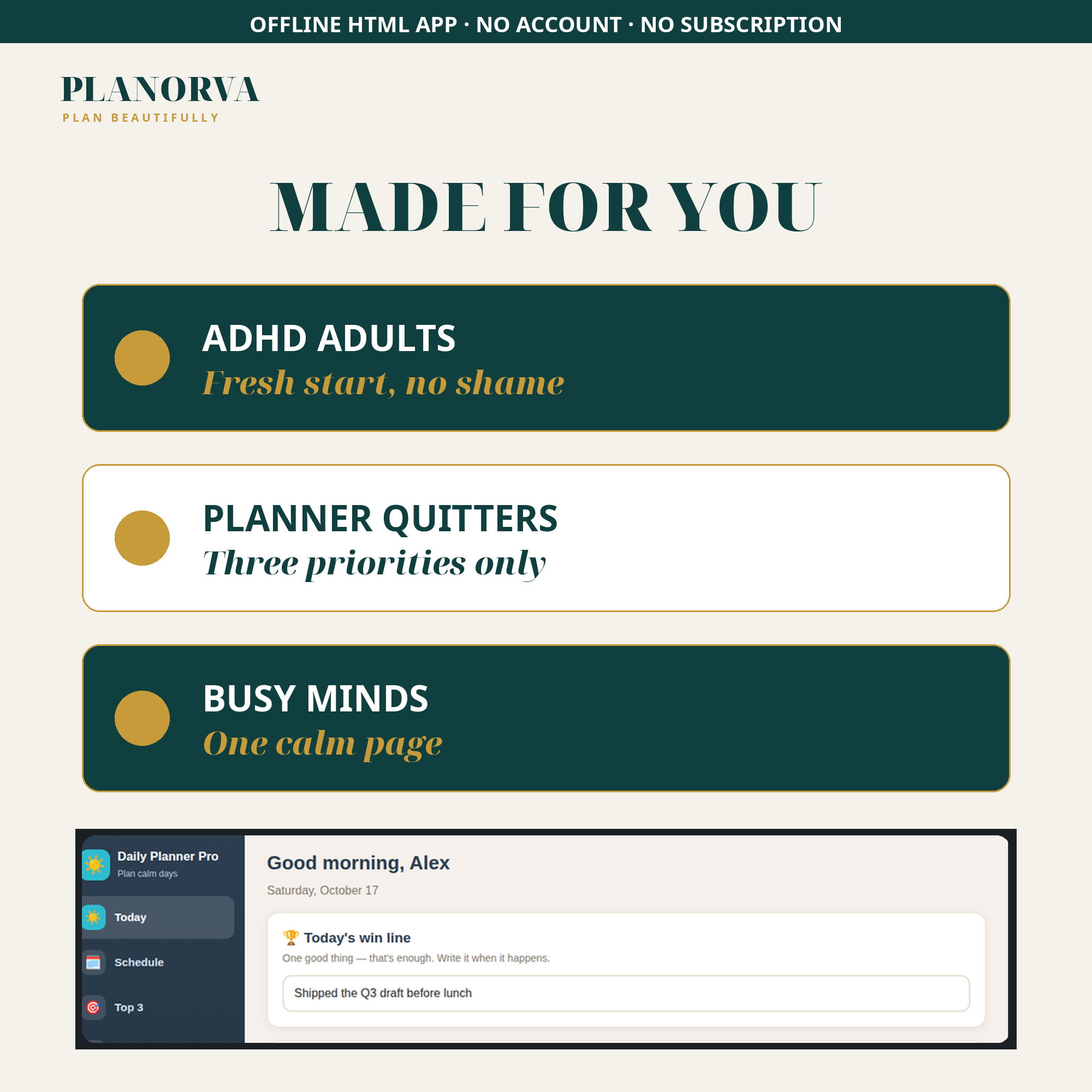 ADHD-Friendly Daily Planner — Top 3 Priorities, Gentle Time Blocking & Habits, Offline - Image 5
