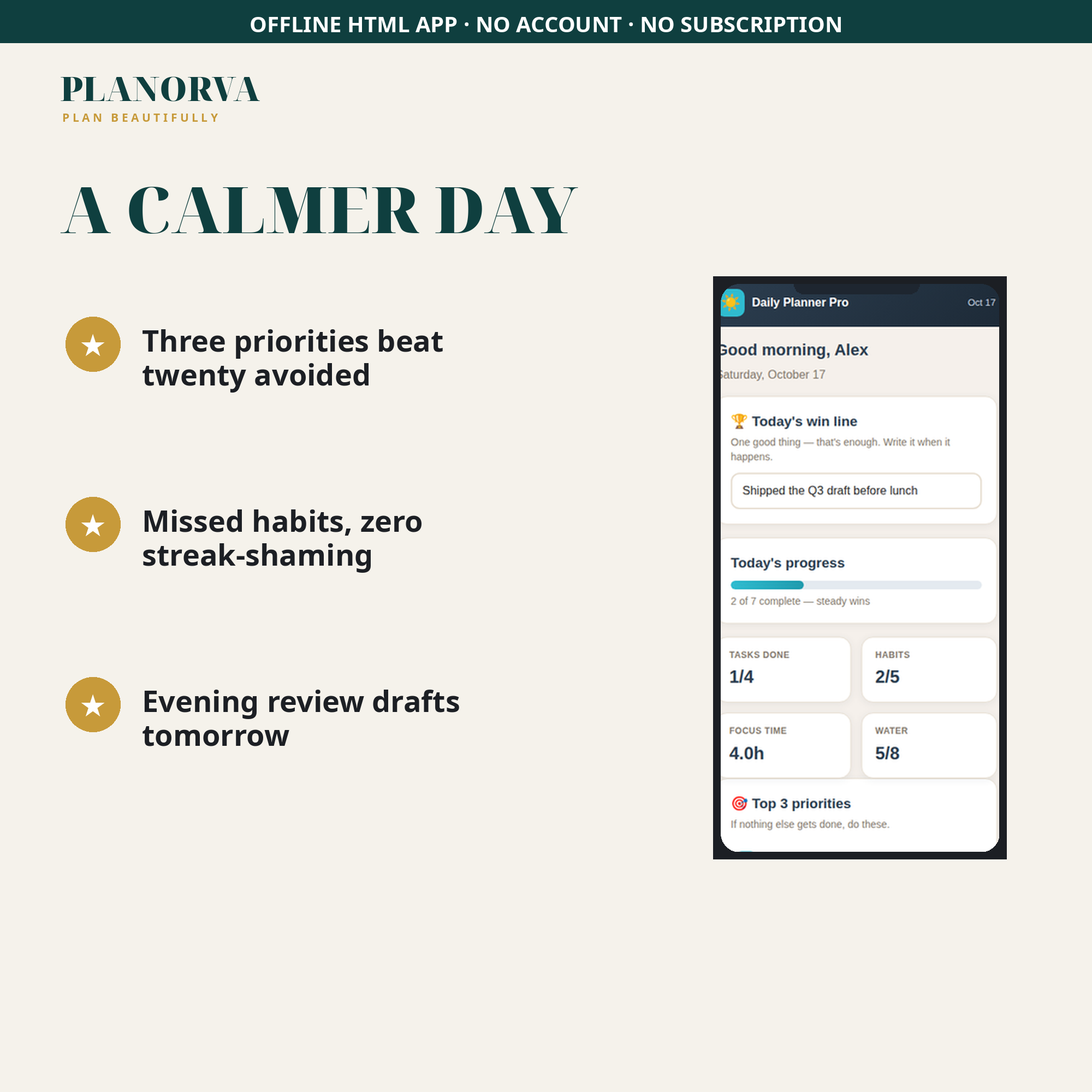 ADHD-Friendly Daily Planner — Top 3 Priorities, Gentle Time Blocking & Habits, Offline - Image 6